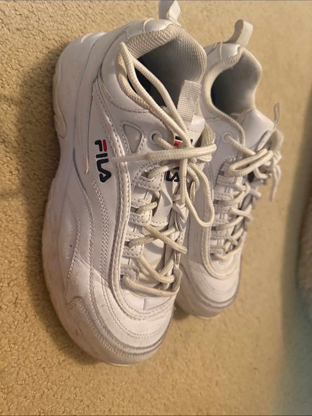 Fila White Leather Chunky Sneakers with Red & Navy Logo